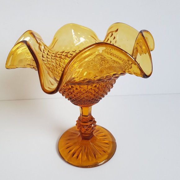 Other - Ruffle Edge Pedestal Bowl Amber Glass Vintage Glassware